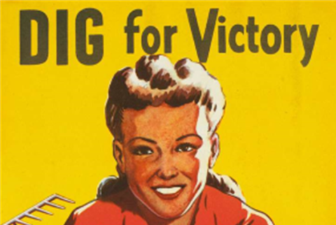 The words "DIG for Victory" appear above an illustration of a woman in vintage clothing holding a rake.