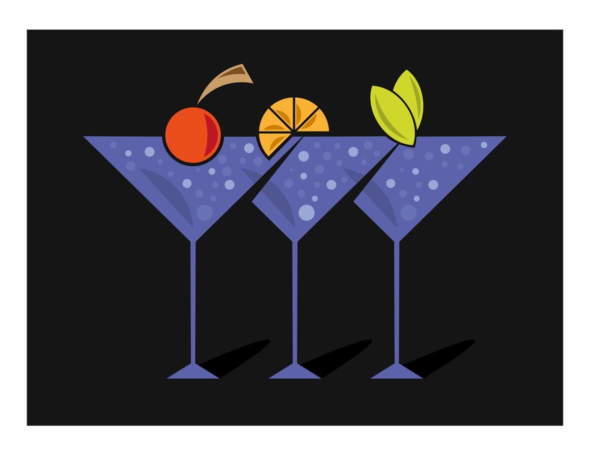 An illustration of three martini glasses, each topped with a different garnish.